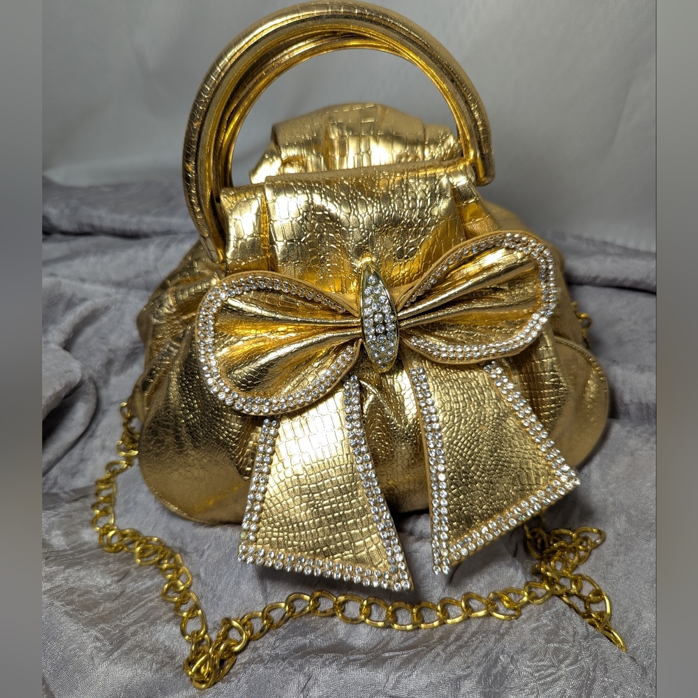 Gold Embossed Twin Pouch Bag with Rhinestones for Special Occasions